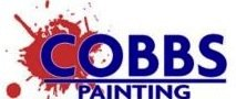 Cobbs Painting logo with blue text and red paint splatter design